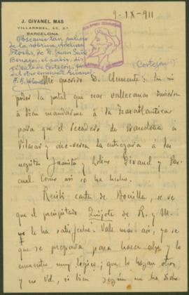 Carta de Juan Givanel Mas a Clemente Cortejón (1911-09-09)