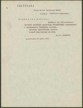Telegrama de Arturo Xalambrí a  María de las Nieves Clara Giménez de Ronco (1952-06-20)